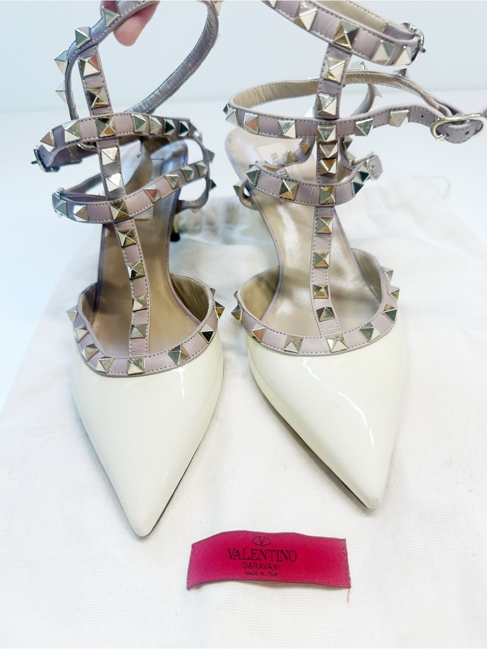 Valentino Ivory Patent Pointed Rockstud Ankle-Strap Pumps - Picture 2 of 9